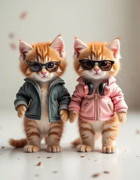 Perfect centering, cute kittens, Wear a jacket, Wearing sunglasses, Wearing headphones, cheerfulness, Standing position, Abstract beauty, Centered, Looking at the camera, Facing the camera, Approaching perfection, Dynamic, Highly detailed, Smooth, Sharp Fo...