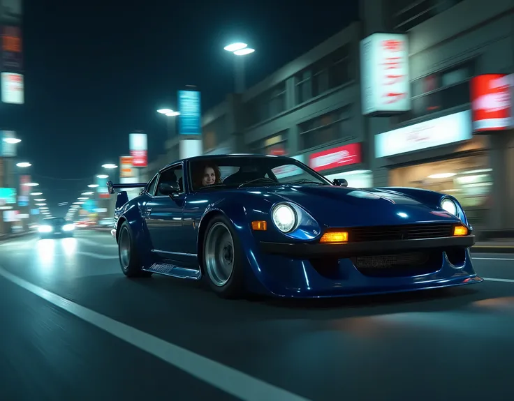 Dutch angle,  motion blur, Fair lady 240 ZL , on road , color dark blue, in Japan, with 1 girl smile driver ,1990 years,  night  , (Surrealism, UHD, retina, masterpiece, anatomically correct, accurate, textured skin, super detail, high details, high qualit...