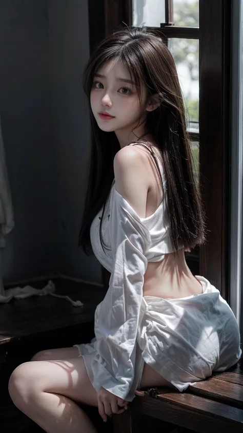 (nsfw), a beautiful girl, long platinum hair, wearing a loose, thin, see-through white shirt, unbuttoned. extremely wonderful bo...