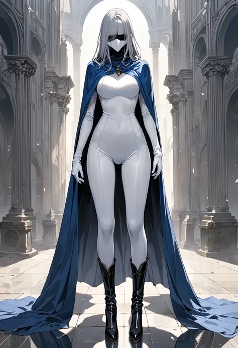 , 1girl, solo, grey full bodysuit, long blue cape, cape touches on ground, white gloves, pants covered boots, black heel boots, grey hair, long hair, white mask covered faces, masterpiece, best quality, standing 