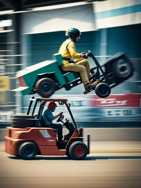 Forklift and old man
 , ( soft focus , Shallow focus , soft light) , bold action , (tail slide blur), in a Drag racing course , with Racing cars