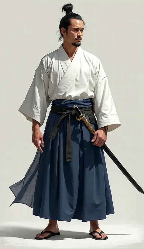 Thai swordsman, kesagiri, white uniform and navy blue hakama, male in his 30s, samurai, full body