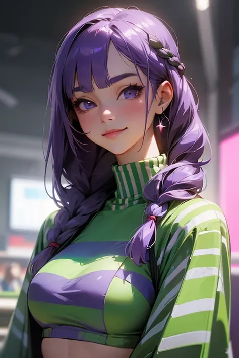 1 person, Straight Bangs, Braiding, Big Sleeves, Hair Accessories,Obi says, (Purple Hair:1.2), Long Hair, Straight hair, To the audience::, Detailed Background, (Realistic:1.2), Beautiful Eyes, Red eyeshadow, thigh, (Urzan-6500:0.7), Upper Body(Alone:1.2),...