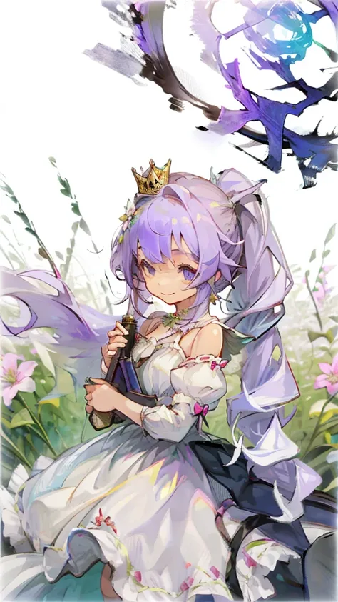 smiling girl with light purple hair and a ponytail, little princess crown,white dress ,flower field