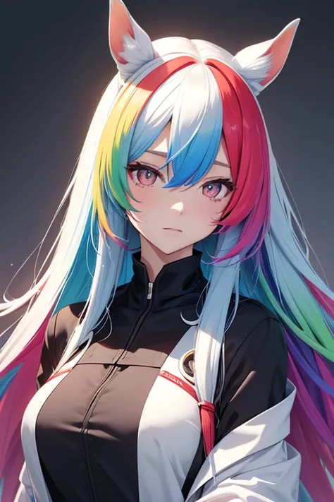 Horse Girl、Horse ears on head、Rainbow hair colour、Gradient hair color、Long Hair、Red right eye、Yellow left eye、whole body、