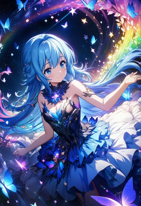 (wallpaper 8k CG), (masterpiece), (best quality), Anime style, masterpiece, long hair, girl, (smile), rainbow-colored musical notes and stars flowing from her fluttering blue hair. The background is a galaxy, butterflies, and stars light, (dreamcore:1.2)