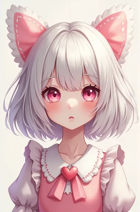 ((best quality)), ((masterpiece)), (detailed), 1girl, solo, fluffy layered butterfly haircut, fluffy bangs, heart shaped ahoge, pink eyes, white hair, cute outfit