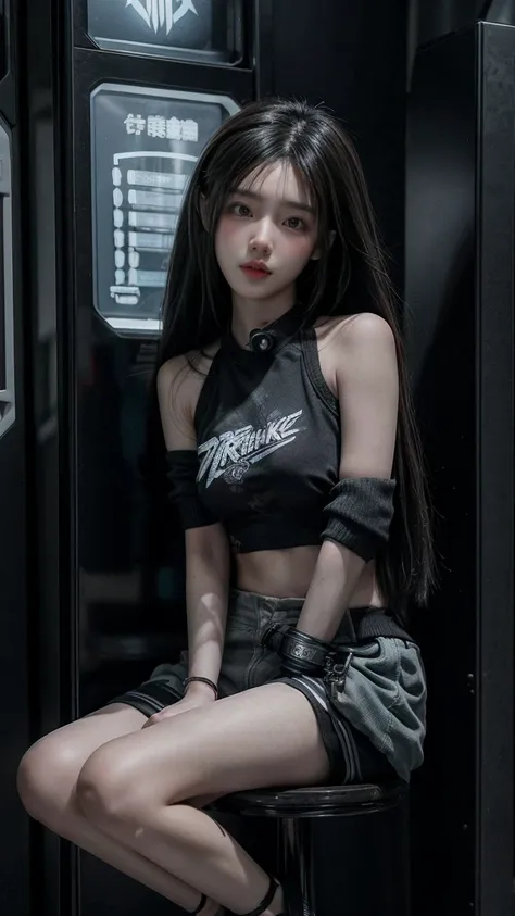 arafed woman sitting on a stool in front of a vending machine, cyberpunk 2 0 y. o model girl, wearing cyberpunk streetwear, tren...