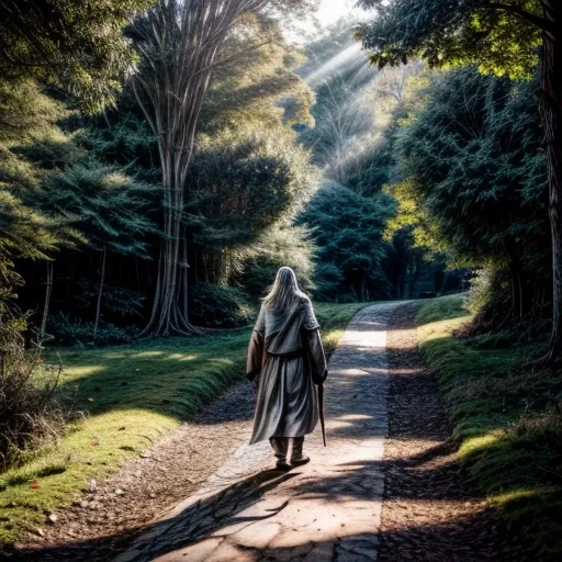 gandalf the white walking through the shire (afternoon) (sunlight) (camera far away) (very detaile) 