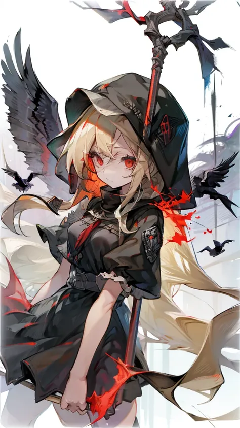 girl blonde long hair red eyes, black dress, holding a spear, red mist, command the crows