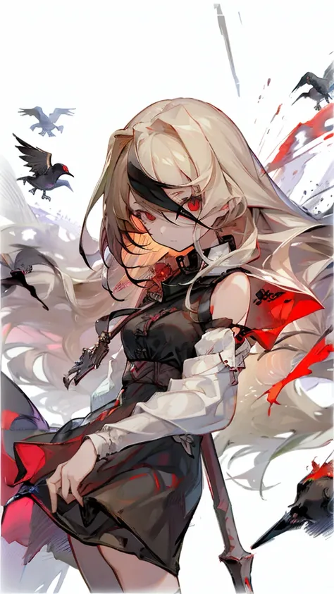 girl blonde long hair red eyes, black dress, holding a spear, red mist, command the crows