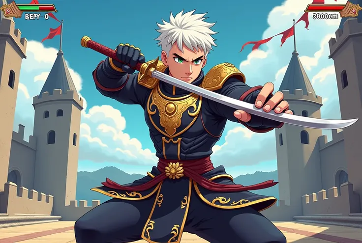 A stylized 2D fighting game scene, with a male character named Raiden, short, stingy white hair, penetratinging green eyes, wearing a samurai armor with golden details, determined expression, performing a sword blow in full motion, dynamic pose, video game...