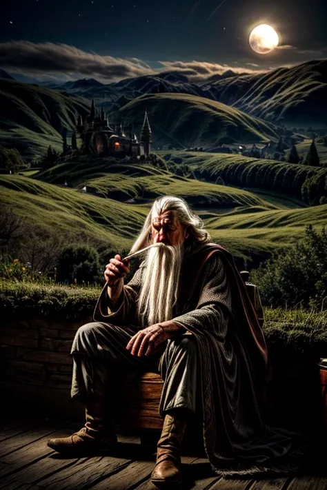 ian mckellen as gandalf the white smoking in pipe in hobbiton after a battle (at night) (full moon) (camera near face) (very detailed)
