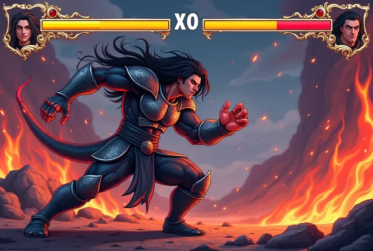 A stylized 2D fighting game scene, with a male character named Drago, long, loose black hair, intense red eyes, wearing a dragon armor with metallic scales, fierce expression, performing a powerful punch in full motion, dynamic pose, video game pixelated r...