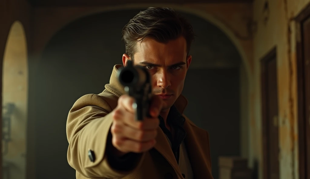 Create a dramatic portrait of a young man with slicked-back hair and a determined expression, pointing a revolver towards the viewer. The scene has a vintage, film-noir feel, with warm tones and soft lighting. The man is wearing a classic trench coat, givi...