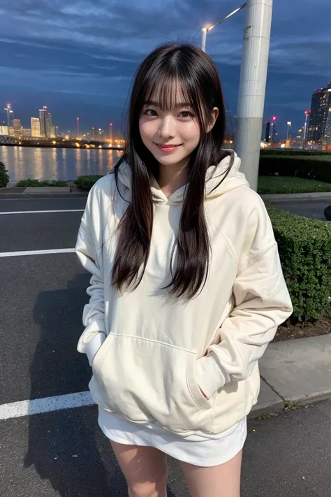 ((from below)), extremely detailed face, (grin), (solo), young woman, (beautiful black straight long hair), 20yo, delicate eyes, shiny lips, ((standing position)), looking at viewer, (huge breasts), full body, BREAK (overly long sleeves, oversized_hoodie),...