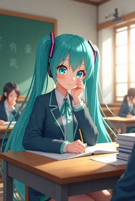 Hatsune Miku wearing uniform in class