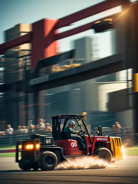 Forklift and old man
 , ( soft focus , Shallow focus , soft light) , bold action , (tail slide blur), in a Drag racing course , burnout