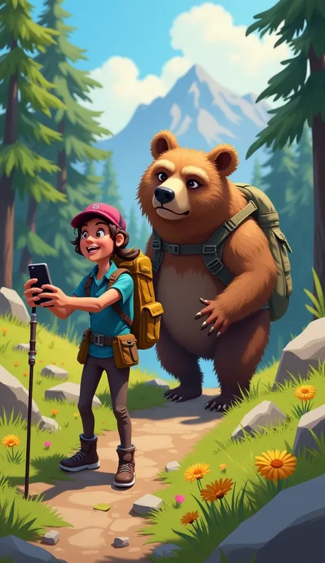 Bear Encounter: Create a scene where a hiker tries to take a selfie with a bear in the background, looking unamused. The caption could read “Not exactly what I planned...” Use a mix of greens, browns, and yellows for a humorous nature vibe.