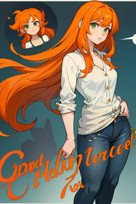 girl with orange long hair and green eyes. jeans and a long cardigan, open face. bangs on one side. full height. teenager. green eyes. ((orange hair)). girl with silver hair, girl with white hair, beautiful comic art,
