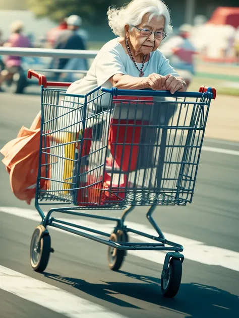 Grandma with a shopping cart
 , ( soft focus , Shallow focus , soft light) , bold action , (tail slide blur), in a Drag racing course , burnout