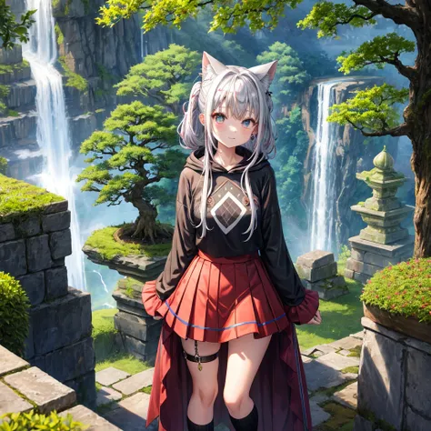 Rainbow red and silver hair、Rainbow Eyes、Wavy Hair、Hair tied up、Two cute、Checked mini skirt、Black T-shirt、Long sleeve、wearing a hood、Black knee-high socks、Teeth are visible、Ice Castle、Tilting face、lawn、In front of the city gate、The stone is cracked、Uneven ...