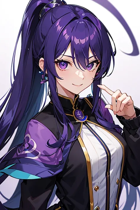 Blue-purple hair, Ridiculously long hair, Hair between the eyes, High Ponytail, purple eyespurple suit, Anime Color,seductive smile