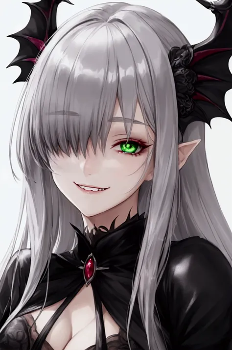 vampire,silver hair,girl,green eyes,looking up,close-up of face,grinning face