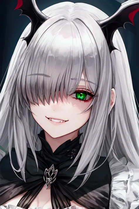 vampire,Silver Hair,girl,Green Eyes,Looking up,Close-up of face,Grinning face