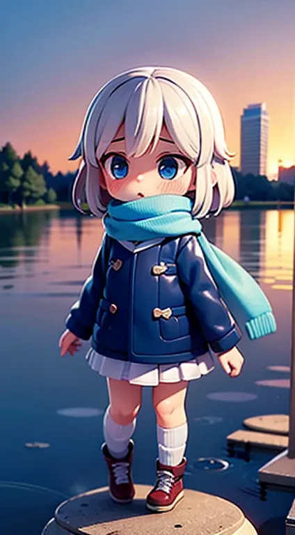 (masterpiece:1.2), (best quality:1.2), (High quality:1.2), 1girl, solo, (chibi, child, kids), (blush, sweat, steam, shiny skin), flat chest, white hair, blue eyes, scarf, mid calf socks, winter boots, sunset, river side, looking away,