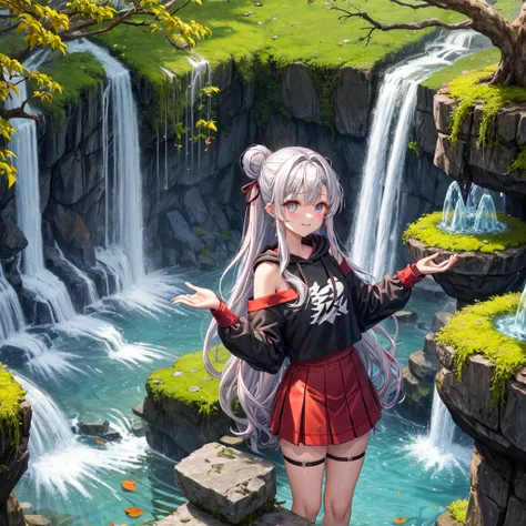 Rainbow red and silver hair、Rainbow Eyes、Wavy Hair、Hair tied up、Two cute、Checked mini skirt、Black T-shirt、Long sleeve、wearing a hood、Black knee-high socks、Teeth are visible、Ice Castle、Tilting face、lawn、In front of the city gate、The stone is cracked、Uneven ...