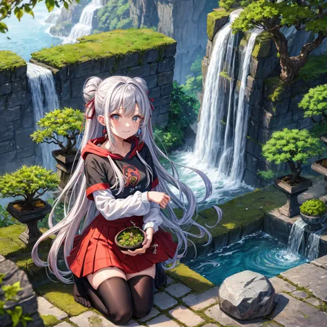 Rainbow red and silver hair、Rainbow Eyes、Wavy Hair、Hair tied up、Two cute、Checked mini skirt、Black T-shirt、Long sleeve、wearing a hood、Black knee-high socks、Teeth are visible、Ice Castle、Tilting face、lawn、In front of the city gate、The stone is cracked、Uneven ...