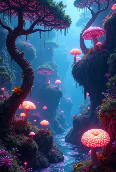 a surreal psychedelic landscape, vibrant neon colors, glowing mushrooms, twisted trees, floating islands, dream-like atmosphere, abstract geometric patterns, bioluminescent creatures, swirling energy fields, mind-expanding visuals, 4k, hyperdetailed, vibra...