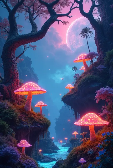 a surreal psychedelic landscape, vibrant neon colors, glowing mushrooms, twisted trees, floating islands, dream-like atmosphere, abstract geometric patterns, bioluminescent creatures, swirling energy fields, mind-expanding visuals, 4k, hyperdetailed, vibra...