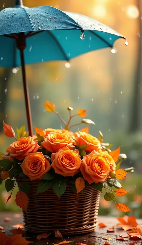 CGI, shows a wonderful scene: in a wicker basket full of autumn leaves,bouquet of orange roses . Rain drips from a blue umbrella. . In the background is a green forest. The overhead lighting gives the scene a calming look, highlighting the raindrops on the...