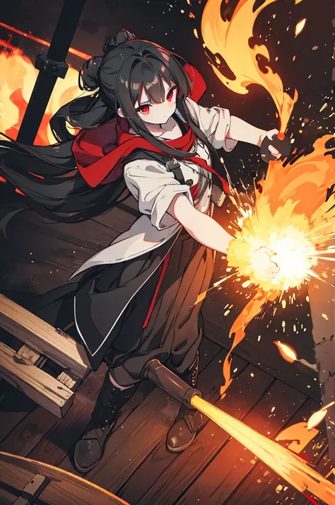 Long hair, black hair, Back hair bun, smithy, red eyes, Pale face, The sight of hammering hard on a mortar, The great general is wearing the same clothes, Fire splashing around, The Legendary Blacksmith, A picture of someone making something with a hammer