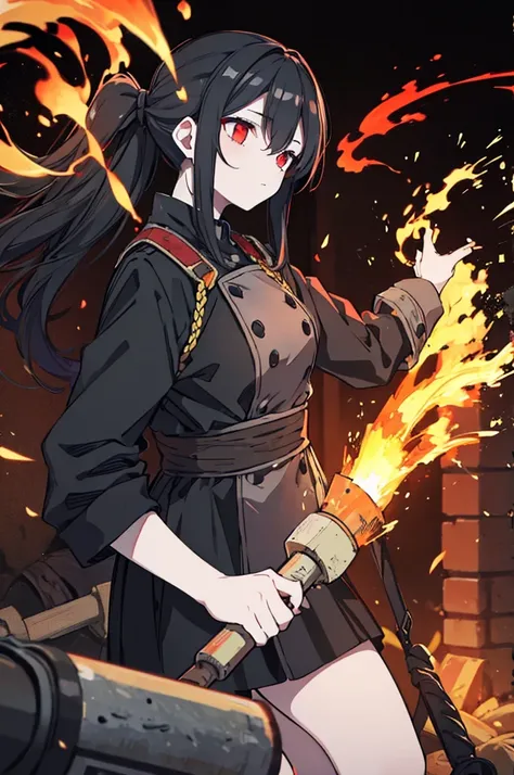 Long hair, black hair, Back hair bun, smithy, red eyes, Pale face, The sight of hammering hard on a mortar, The great general is wearing the same clothes, Fire splashing around, The Legendary Blacksmith, A picture of someone making something with a hammer