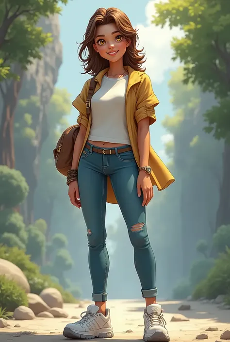 mage of safura hugt, 1 adult, attractive, athletic, proportional body, 、smile、Brown Hair、Hairstyle: Medium long、 sparkling yellow eyes, Ｔshirt、Skinny jeans、, wearing white sneakers, looking at the camera, standing,

