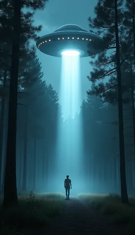 Night. Pine forest. UFO poses a person. UFO hangs in the sky and directs a beam of light at a person. The man rises up 