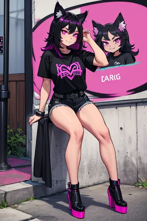 female, black long hair with magenta highlights, silver eyes, black wolf ears, black wolf tail, (((1girl))), (((magenta t-shirt))), (black denim pants), (black belt), (black low heels), cute and sexy, full body, big breasts, long legs, smiling