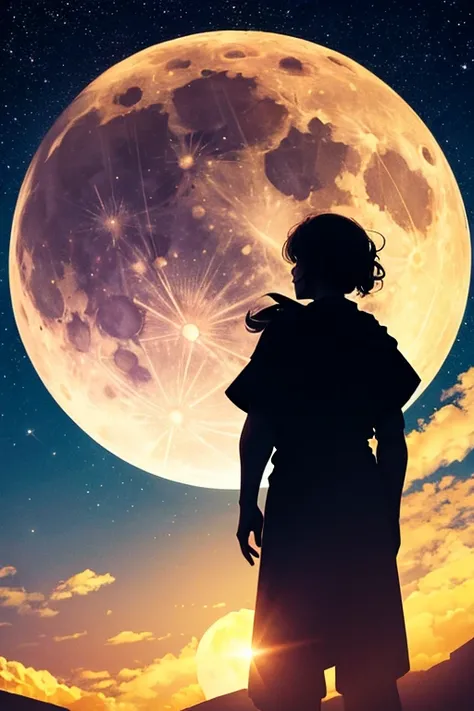 Best Quality,Big moon and shadow,A silhouette of a person can be seen against the backdrop of a large moon.,There is one full moon,There is a mood,Beautiful scenery,Starry Sky