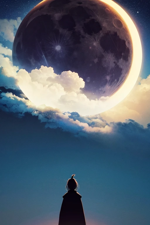 Best Quality,Big moon and shadow,A silhouette of a person can be seen against the backdrop of a large moon.,There is one full moon,There is a mood,Beautiful scenery,Starry Sky