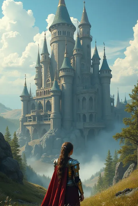 realistic, best quality, ultra detailed, spectacular view, very impressive mechanical castle, mysterious, 1 dressed in armor brave girl, fantastical background, Daylight