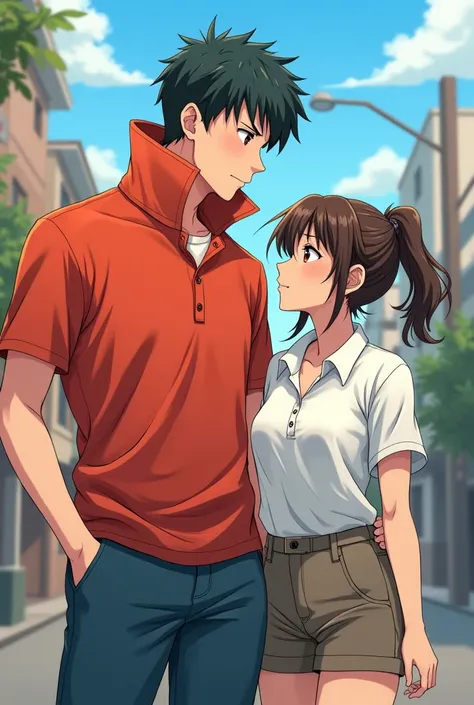 Anime Man wearing a Massive Popped Collar Polo with a collar so high its taller than his head with his girlfriend