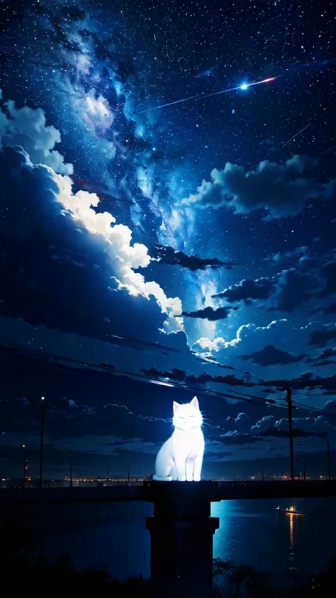 Universe，null，meteor，town，Flowing Clouds，White Cat，silhouette，