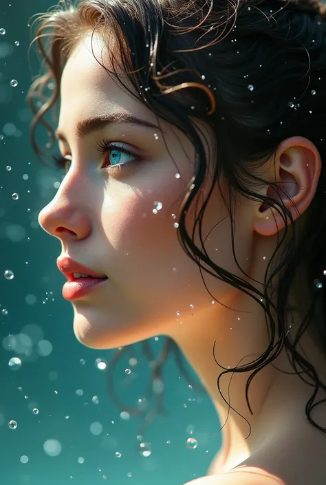   digital photo red yellow vintage face art 64k, big screen (Side view)Beautiful lips parted, bright blue eyes, a young woman&#39;s face with wet hair, shaking the wet hair, the water color spreads freely, beautiful, the reflex is beautiful and dazzling.