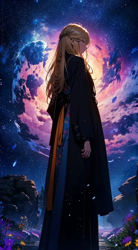 １people々々々々々々々々々々,Blonde long hair woman，Long coat， Dress Silhouette， Rear View，Space Sky, ，Colorful flowers