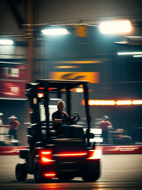 Forklift and old man
 , ( soft focus , Shallow focus , soft light) , bold action , (tail slide blur), in a Drag racing course , (burnout)