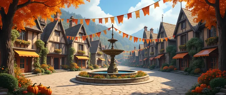 beautiful autumn, a provincial town similar to Hogsmeade, houses made of stone,  there are pumpkins, greens and flowers, большая round town square, festive atmosphere,  in the middle of the square there is a fountain or a tree. there are flags on a rope. 