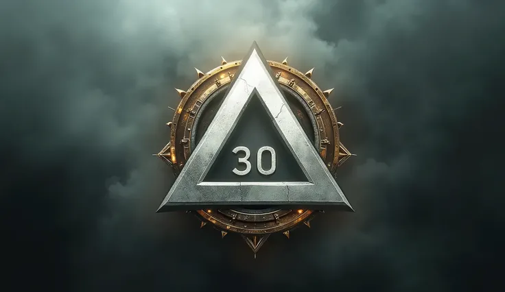 Logo with deep detailing, high quality, White Triangle of Victory, number 30, gold, titanium, fog, haze, in the style of terminator